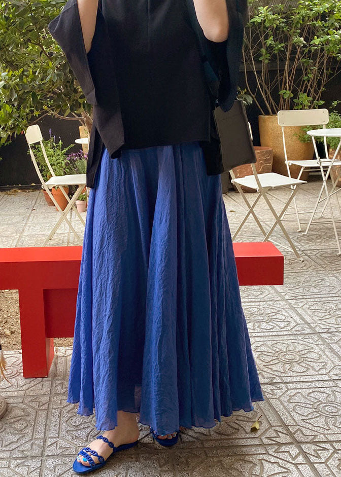 Blue Wrinkled Elastic Waist Cotton Skirt Summer