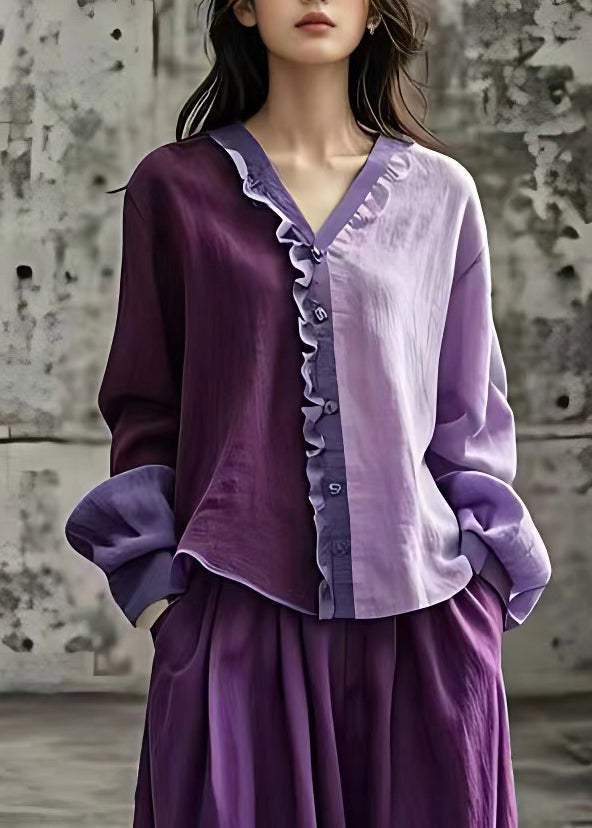 Purple V Neck Ruffled Patchwork Tops Long Sleeve