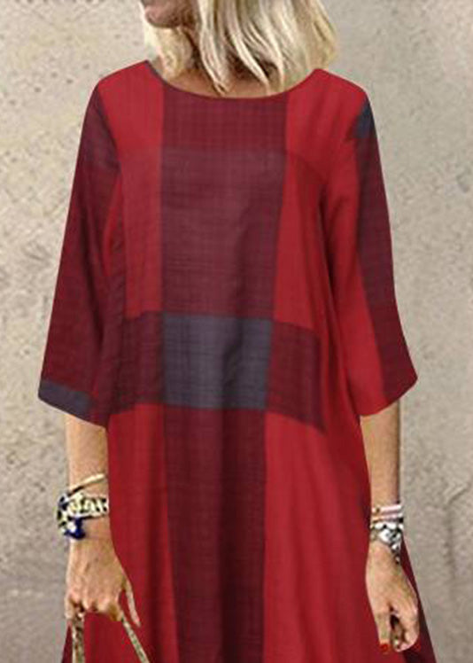 Khaki O-neck Plaid Maxi Dresses Half Sleeve