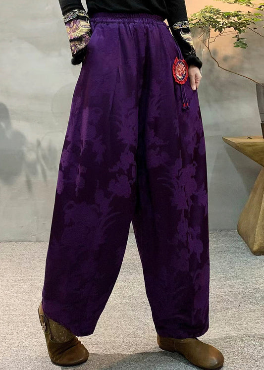Dull Purple Oversized Jacquard Fine Cotton Filled Harem Pants Winter