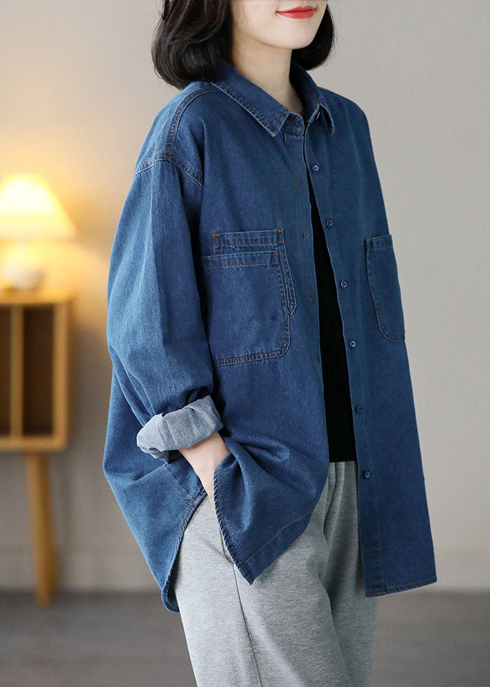 Blue Peter Pan Collar Pockets Cotton Denim Shirts Spring