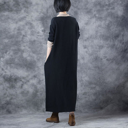French Blackapricot V Neck Patchwork Pockets Fall Knit Long Sleeve Maxi Dress
