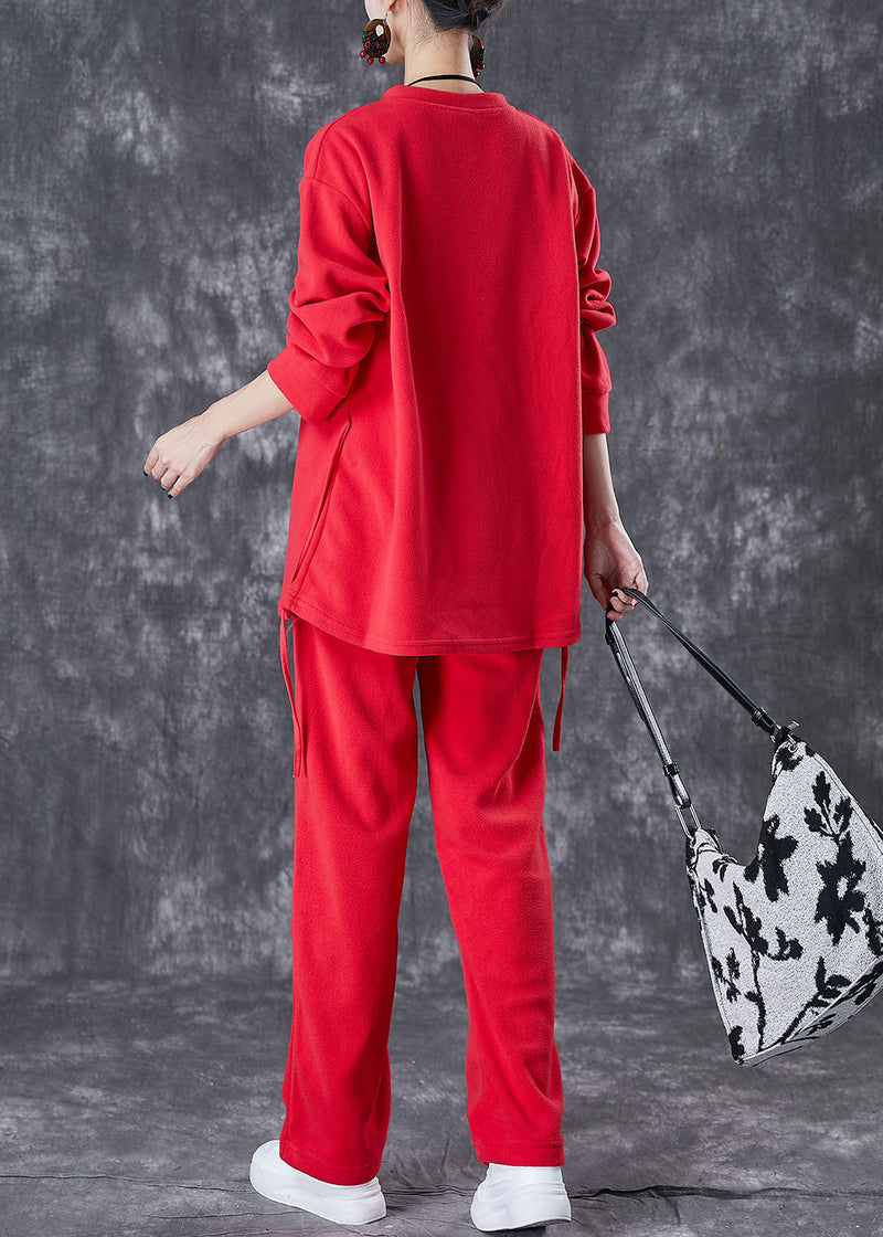 Red Oversized Drawstring Velour Sets 2 Pieces Fall
