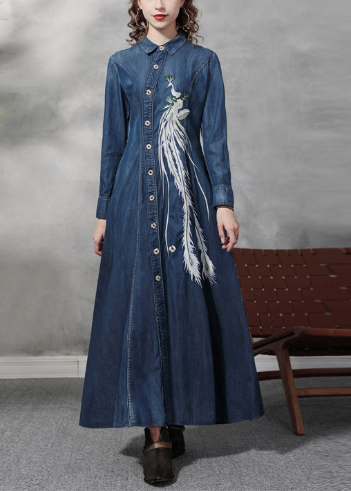 Slim Fit Blue Peter Pan Collar Button Waist Retraction Embroideried Cotton Denim Dresses Long Sleeve