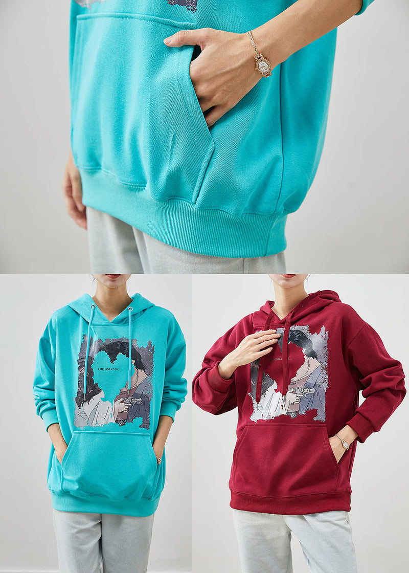 Blue Hooded Pocketsprint Cotton Sweatshirt Fall