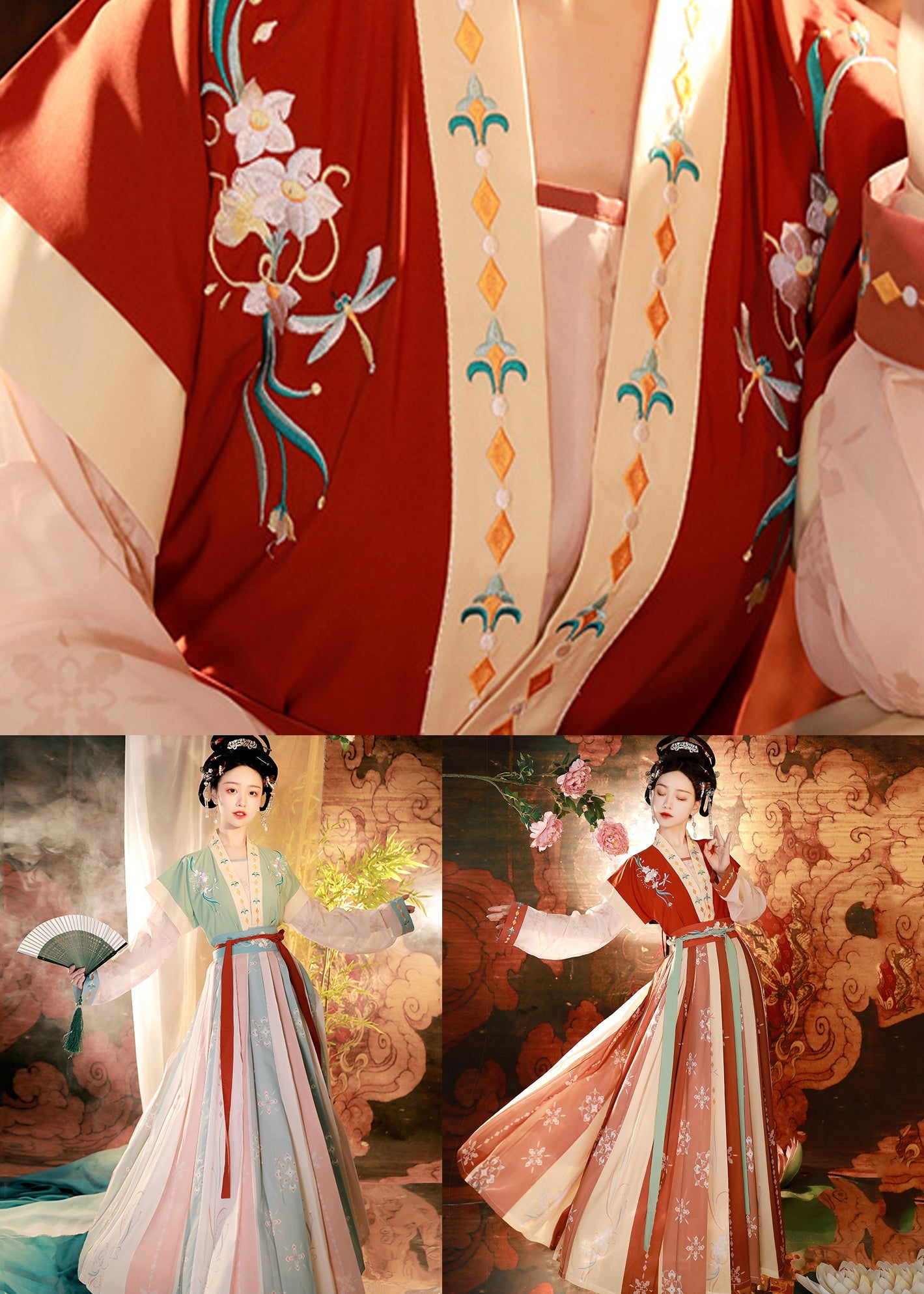 Red Embroideried Tops and Pleated Skirt Patchwork Two Pieces Set Fall