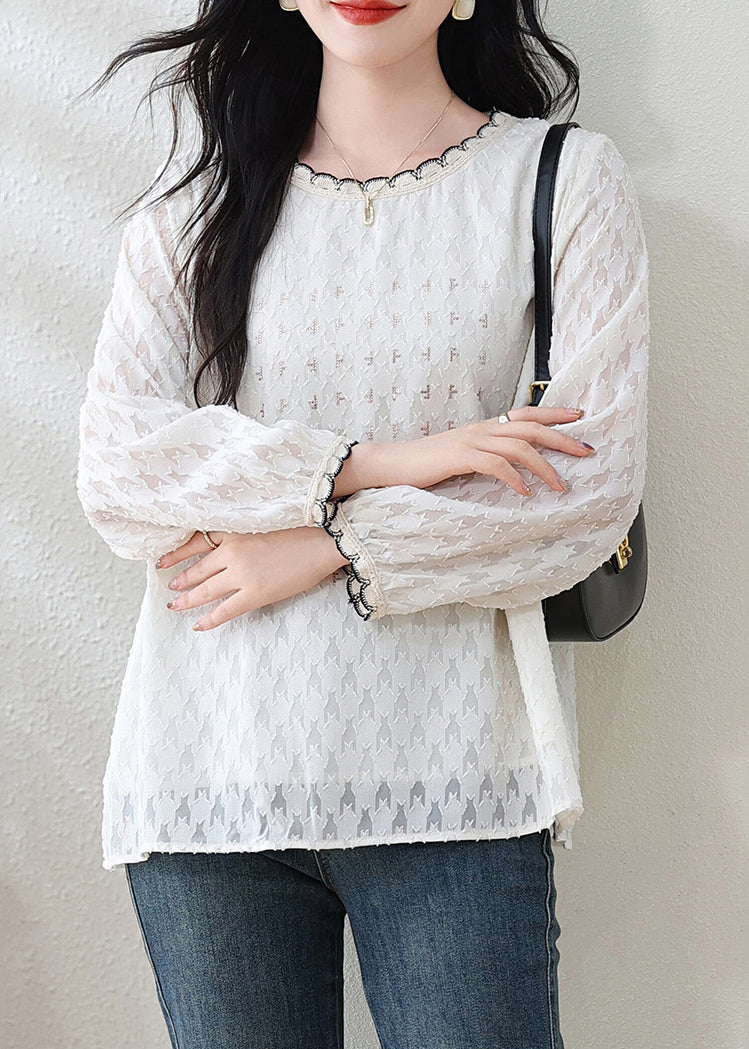 Modern White O-neck Jacquard Lace Top Fall