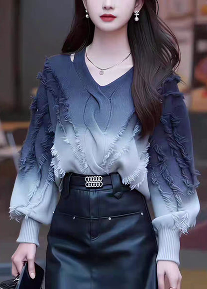 Gradient Color Tassel Knitted Sweater Tops Fall