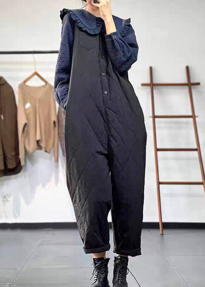Versatile Green Coffee Button Fine Cotton Filled Jumpsuit Winter