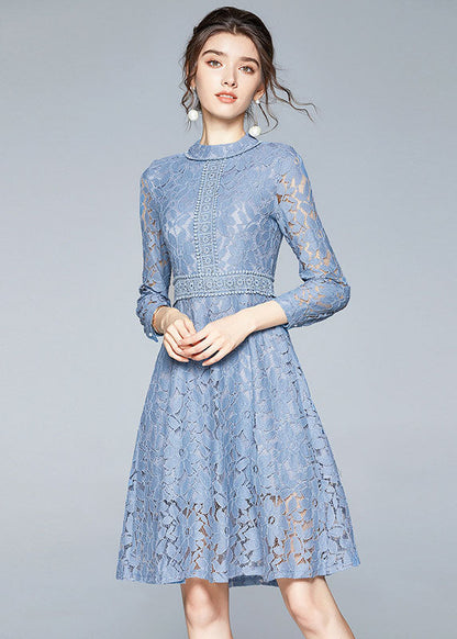 Handmade Blue Stand Collar Lace Cinch Dresses Bracelet Sleeve