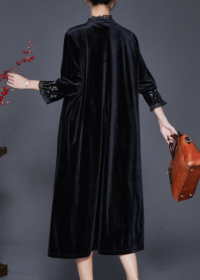 Black Embroidered Patchwork Ruffled Silk Velour Dress Bracelet Sleeve