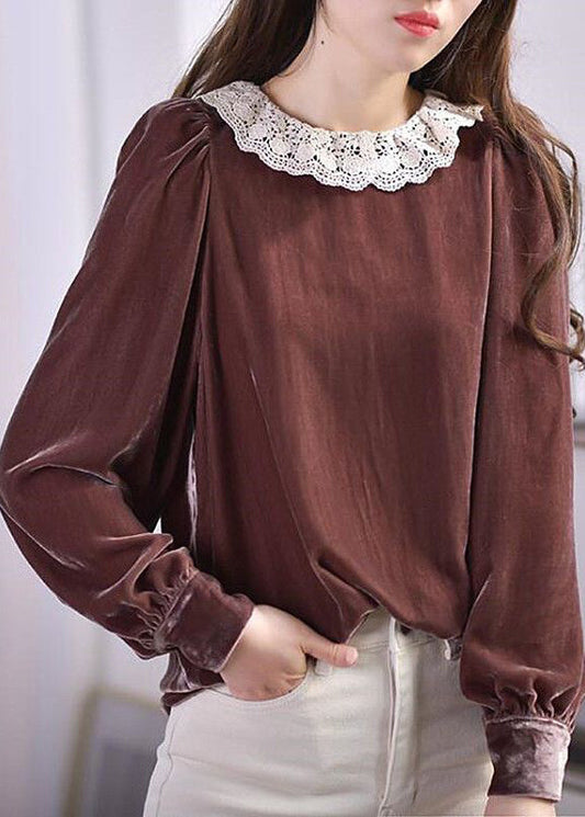 Brown O-neck Lace Patchwork Silk Velour Blouses Spring