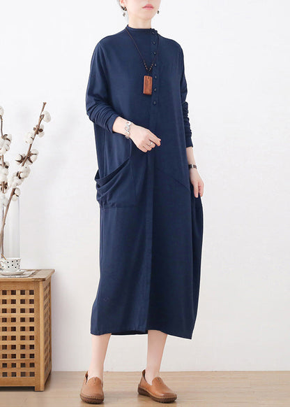 Blue Turtleneck Button Pockets Cotton Knit Dress Long Sleeve