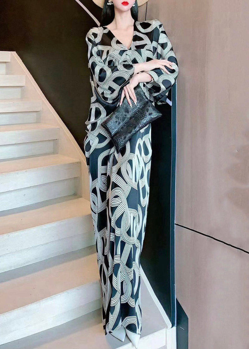 Print Long Dress V Neck Three Quarter Sleeve