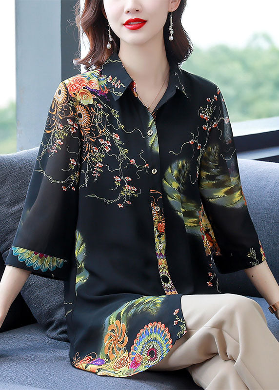 Black Peter Pan Collar Print Button Chiffon Long Blouse Top Bracelet Sleeve