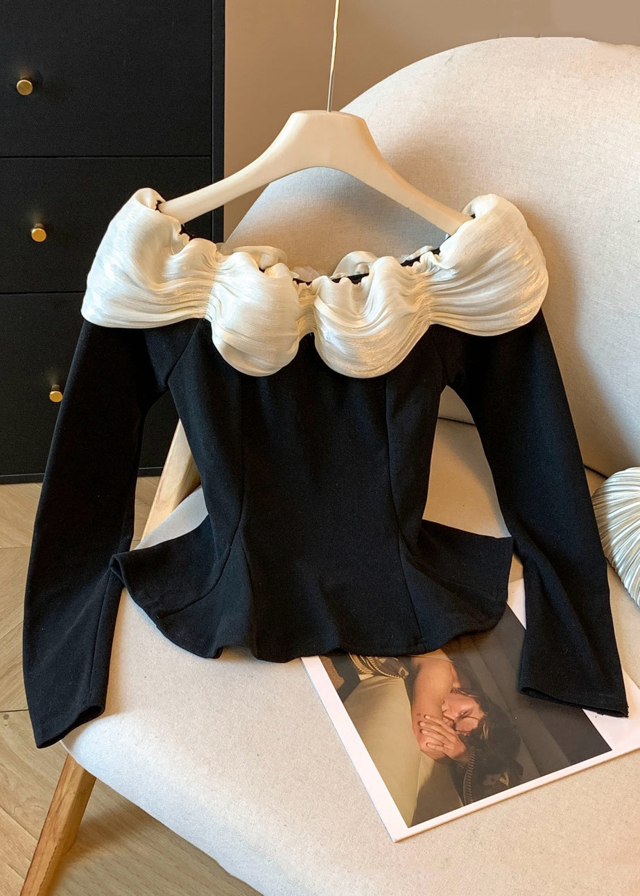 Black Slash Neck Patchwork Cotton T Shirt Fall
