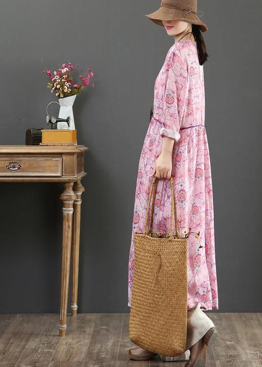 O Neck Cinched Spring Tunics Photography Pink Print Maxi Dresses