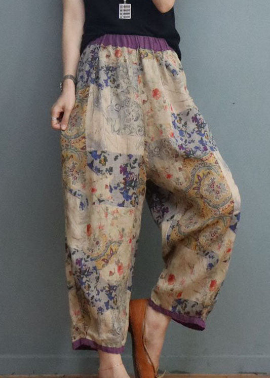 Diy Square Flower Elastic Waist Print Pants Spring