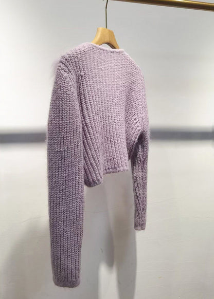 Purple V Neck Patchwork Cotton Knit Sweater Winter