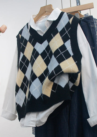 Black V Neck Geometric Print Knit Vest Sleeveless