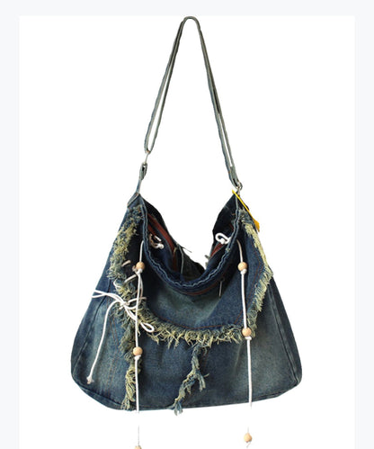Blue Tassel Patchwork Denim Messenger Bag