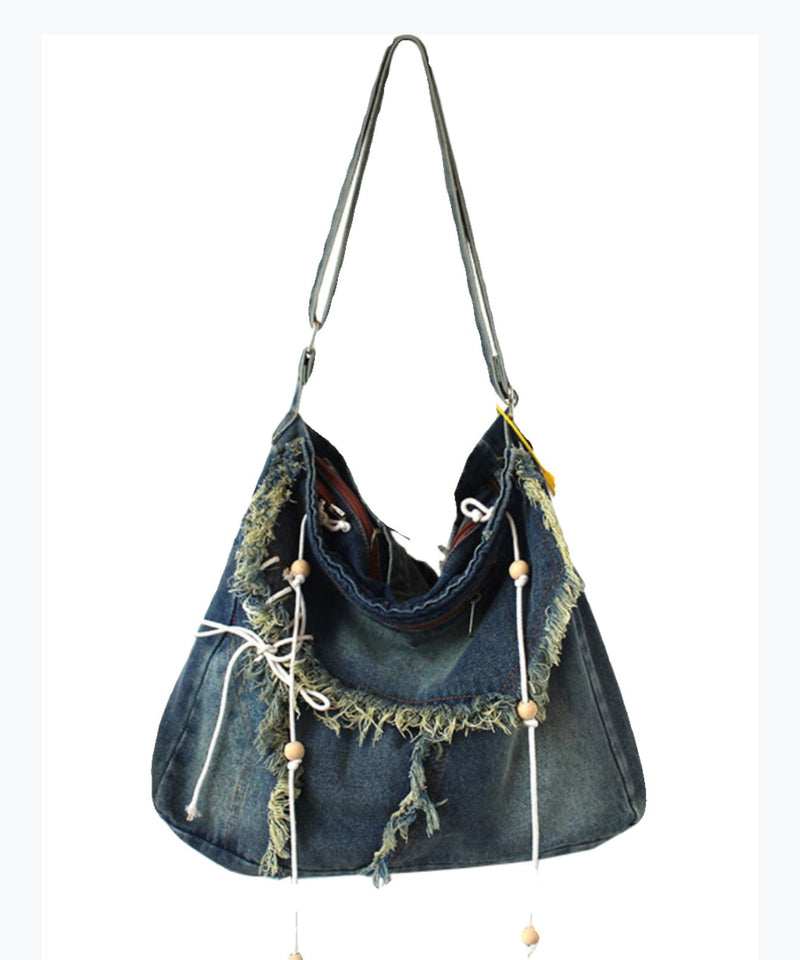Blue Tassel Patchwork Denim Messenger Bag