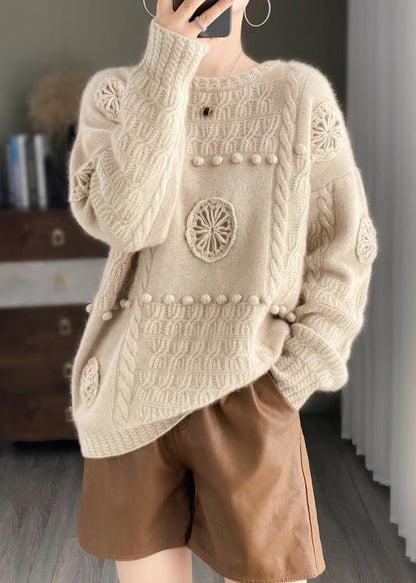 Loose Beige O-neck Hollow Out Cotton Knit Sweater Long Sleeve