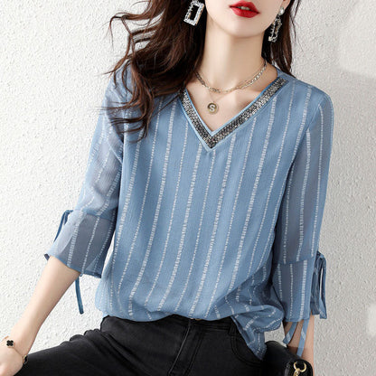 Sky Blue Sequins V Neck Jacquard Chiffon Shirt Half Sleeve