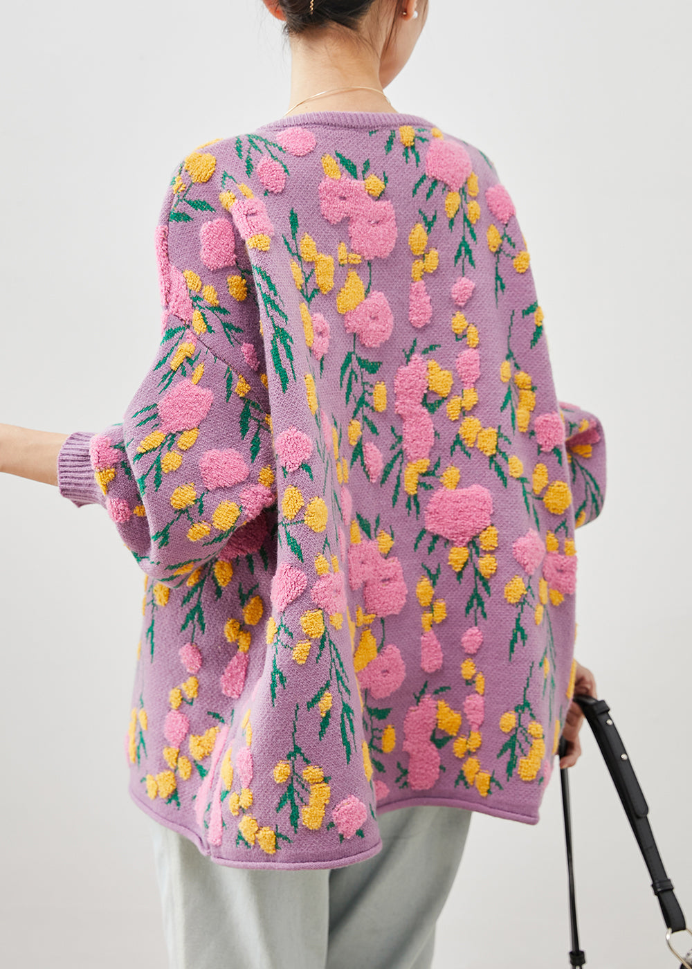 French Pink O-neck Jacquard Knit Cardigans Winter