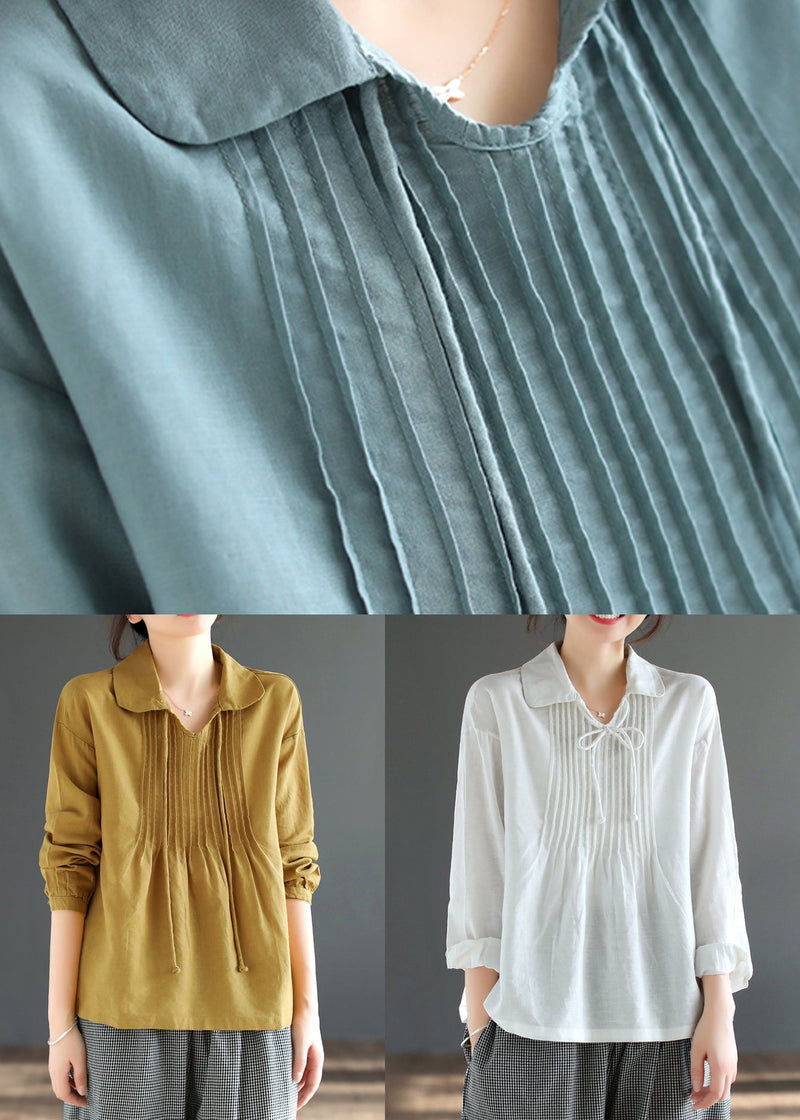 Loose Blue Wrinkled Lace Up Patchwork Cotton Top Long Sleeve