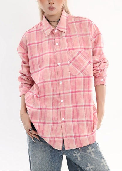 Pink Oversized Plaid Cotton Shirt Tops Spring