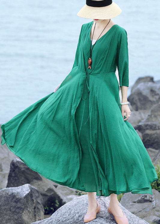 Green Original Layered Long Dress Tie Waist Three Quarter Sleeve