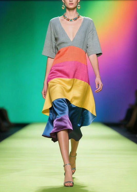 Colorblock V Neck Patchwork Linen Silk Dress Summer
