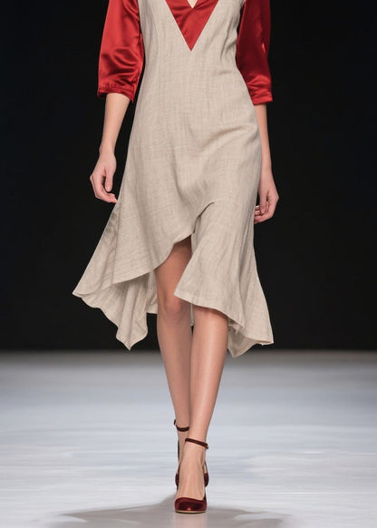 New Colorblock Asymmetrical Design Patchwork Linen Silk Dress Summer