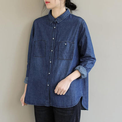 Diy Lapel Pockets Spring Clothes for Pattern Denim Blue Shirt