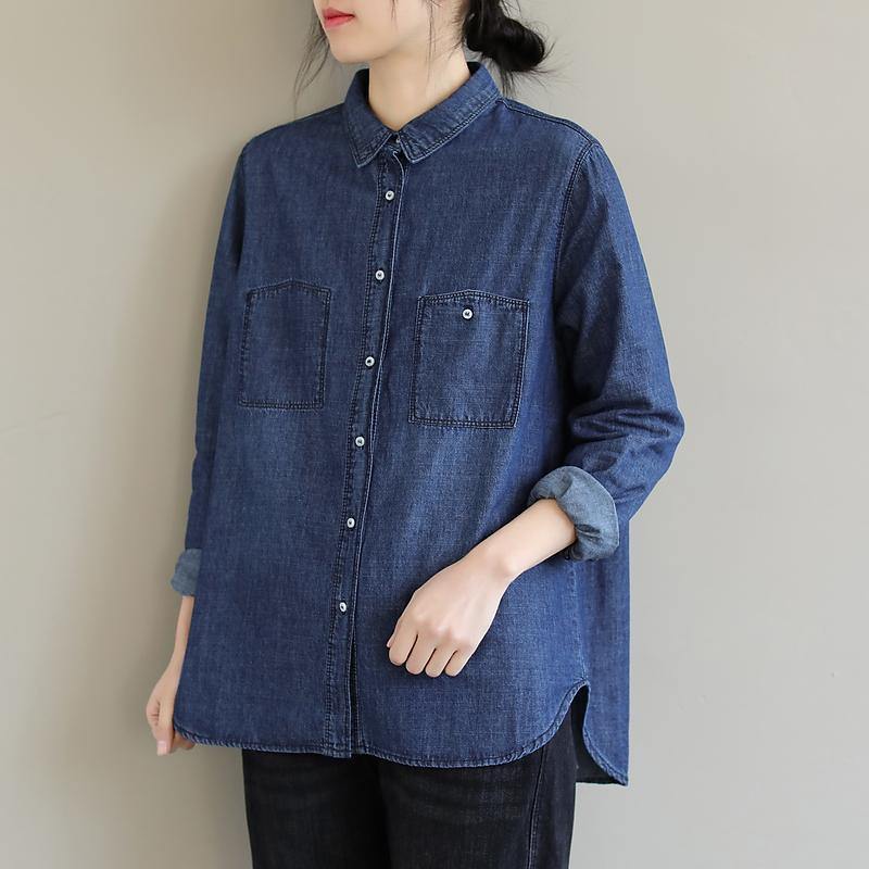 Diy Lapel Pockets Spring Clothes for Pattern Denim Blue Shirt