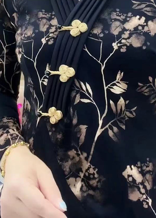 Black V Neck Print Chinese Button Cotton Top Spring