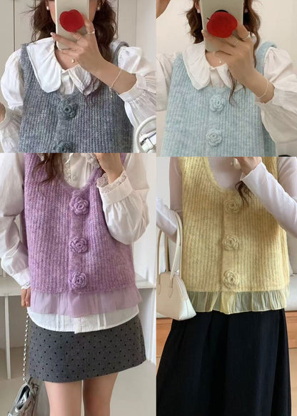 Fitted Blue Patchwork Tulle Knit Vests Spring