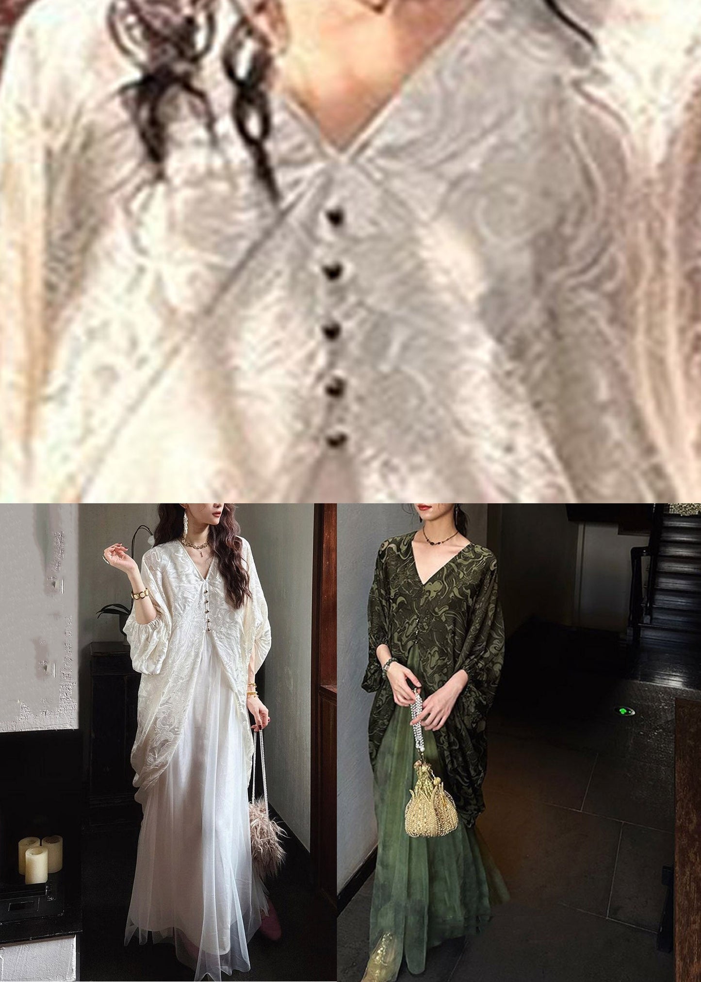 Fitted White V Neck Patchwork Long Dress Lantern Sleeve