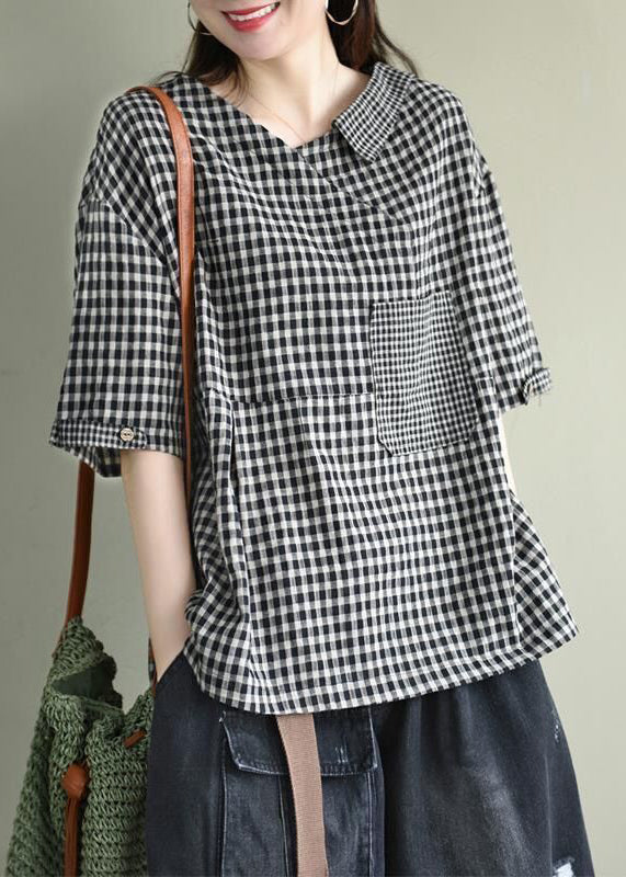 Black Asymmetrical Design V Neck Linen Tops Short Sleeve
