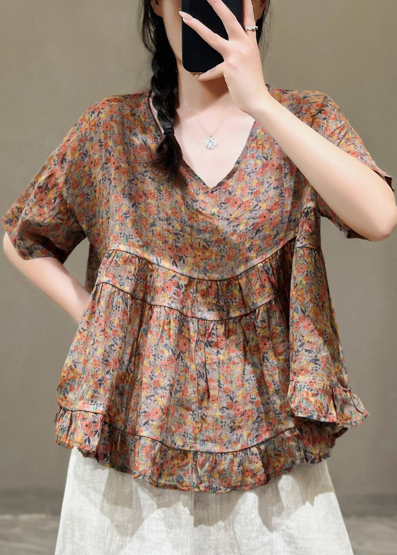 Navy V Neck Print Linen Top Short Sleeve