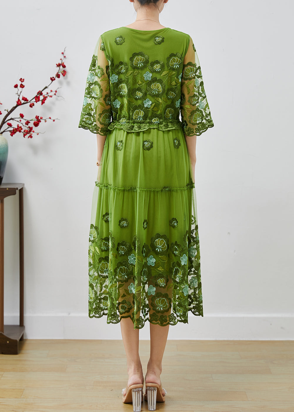 Green Embroidered Tulle Cinched Dress Summer