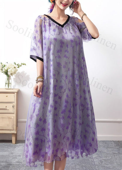 New Purple V Neck Print Silk Long Dresses Summer