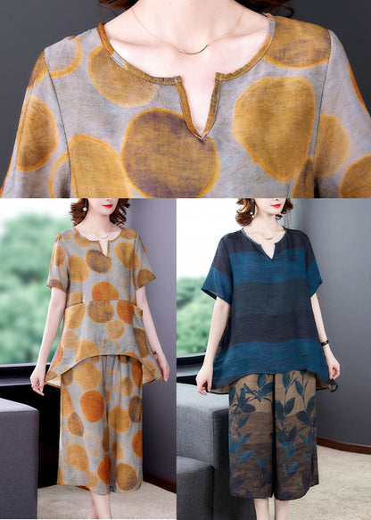 Italian Yellow V Neck Pockets Silk Top and Wide Leg Pants Two Piece Set Summer