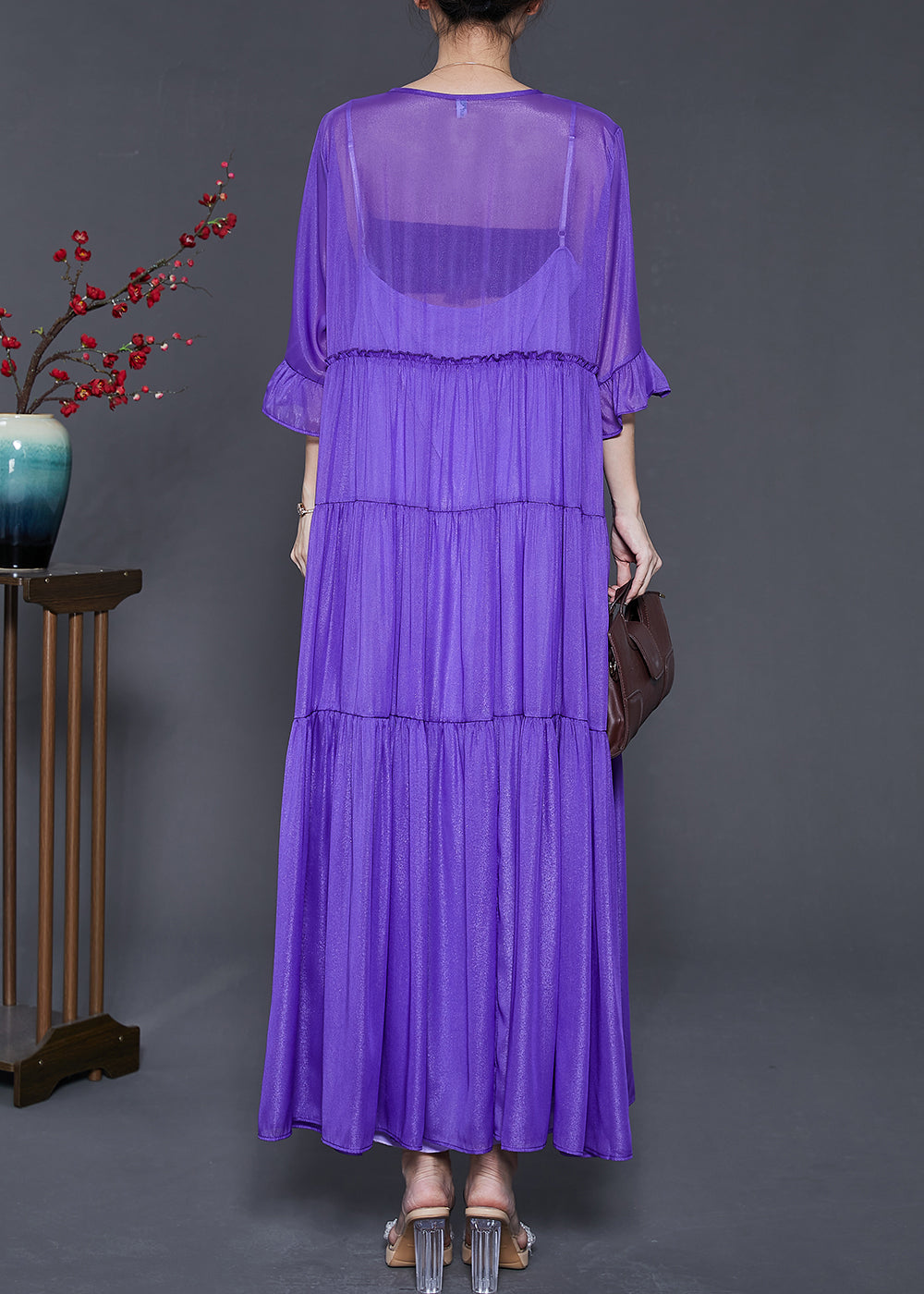 Art Purple Embroidered Exra Large Hem Chiffon Ankle Dress Summer