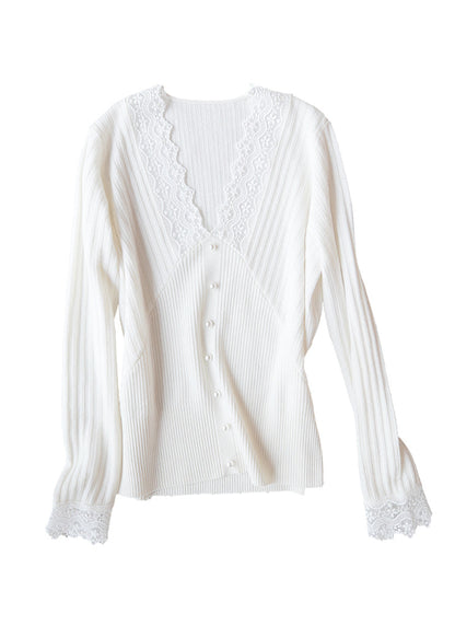 Diy Black V Neck Nail Bead Lace Patchwork Woolen Top Long Sleeve