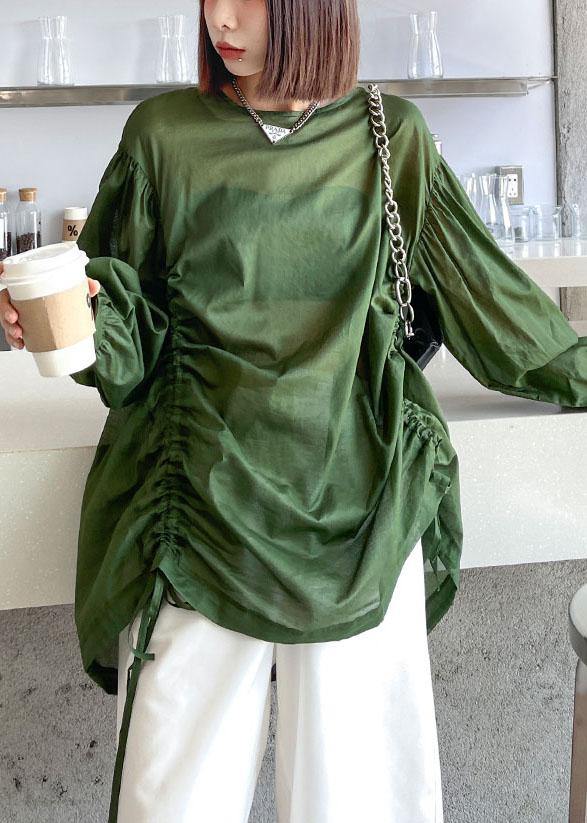 Green Pockets Drawstring Long Sleeve Summer Tops