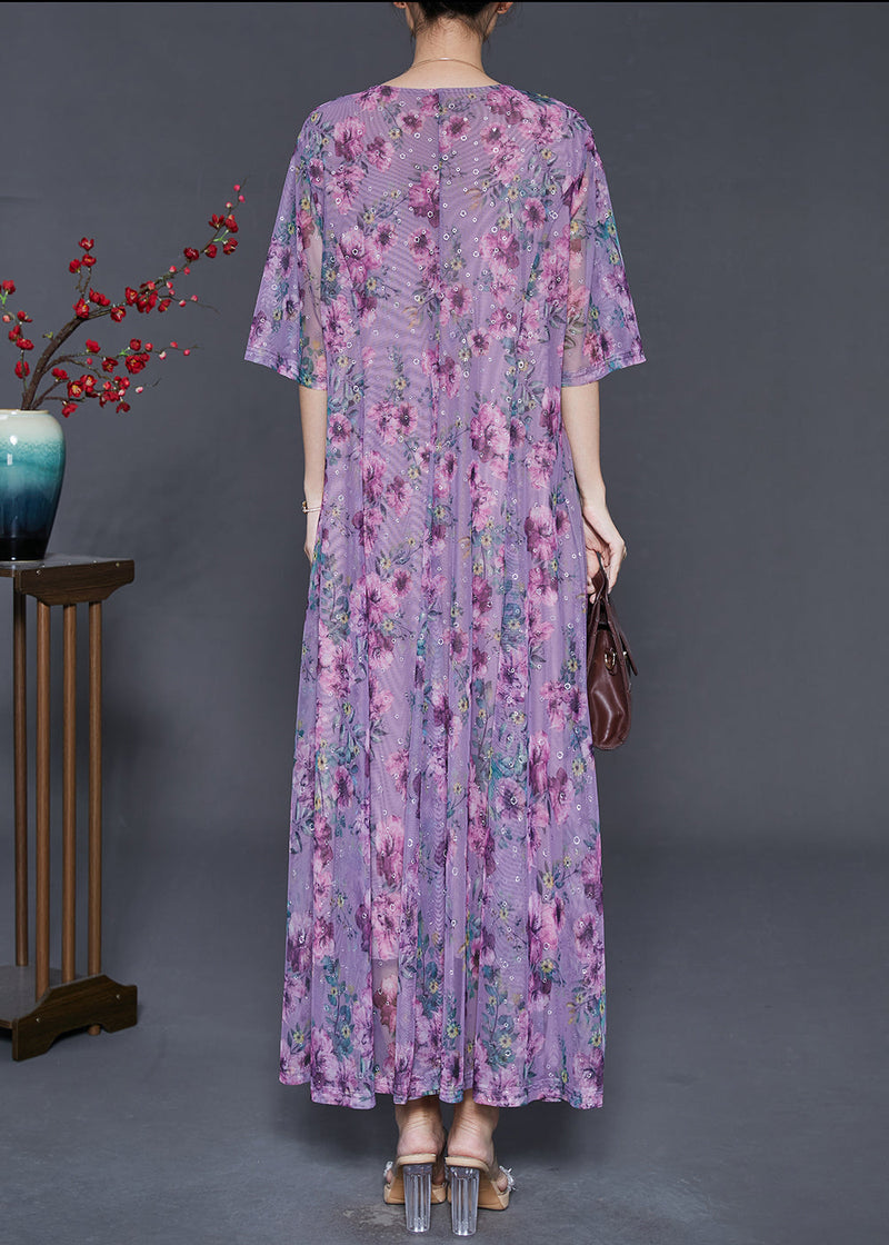 Unique Purple Print Exra Large Hem Chiffon Vacation Dresses Summer