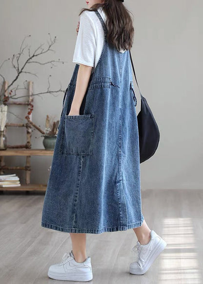 Blue Drawstring Pocket Spaghetti Strap Cotton Denim Dress Spring