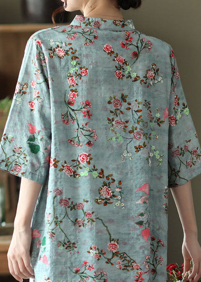 Blue Stand Collar Print Chinese Button Linen Shirt Half Sleeve